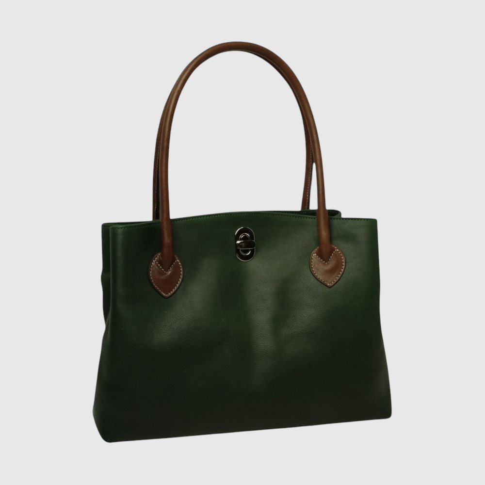 Borsa tote in pelle verde con due manici marroni e stemma metallico centrale.