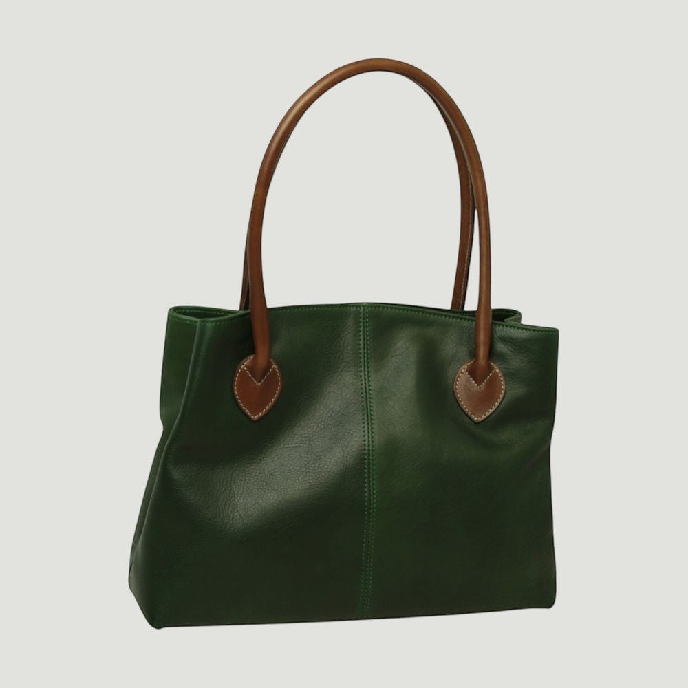 Borsa in pelle verde con manici marroni, tasche laterali cucite e finiture marroni.