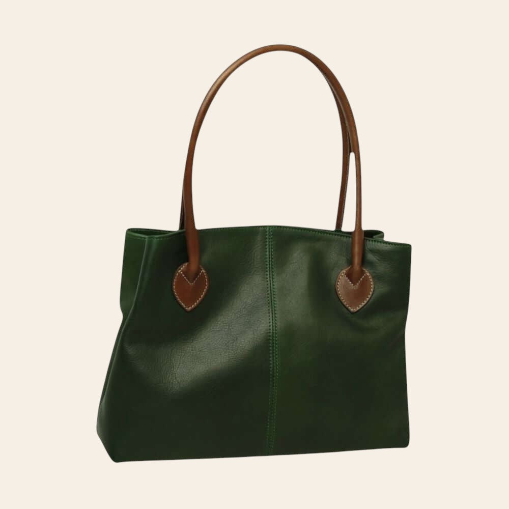 Borsa in pelle verde con due manici, dettagli marrone e logo centrale