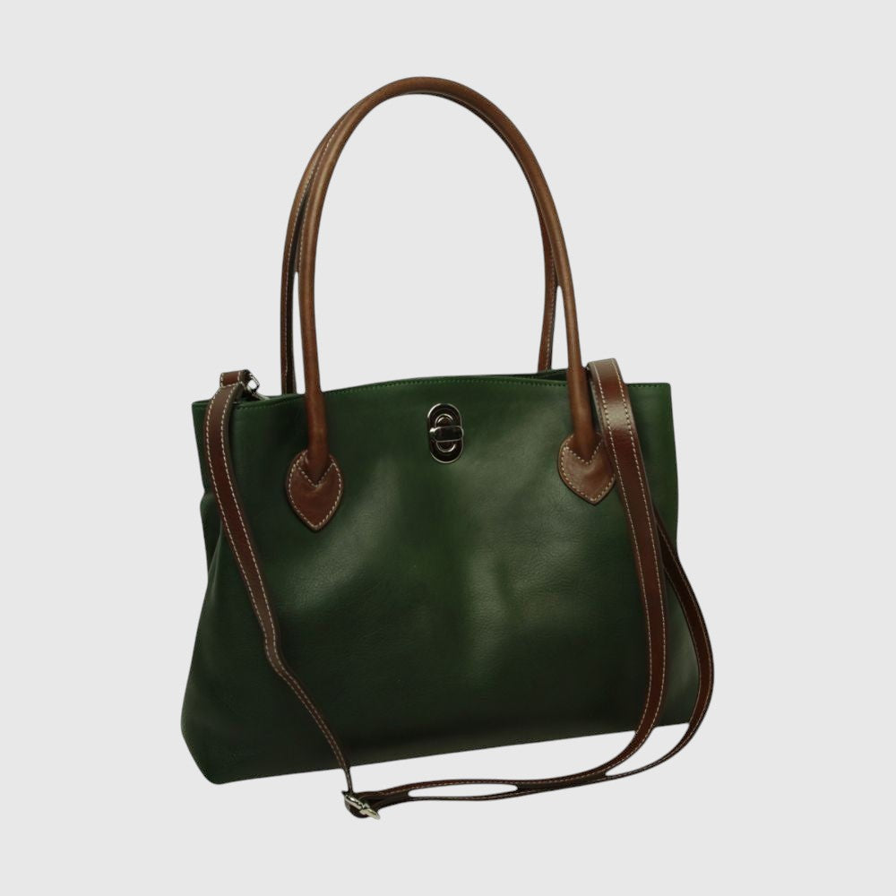 Borsa in pelle verde con due manici marroni, profili marroni e tracolla estraibile.