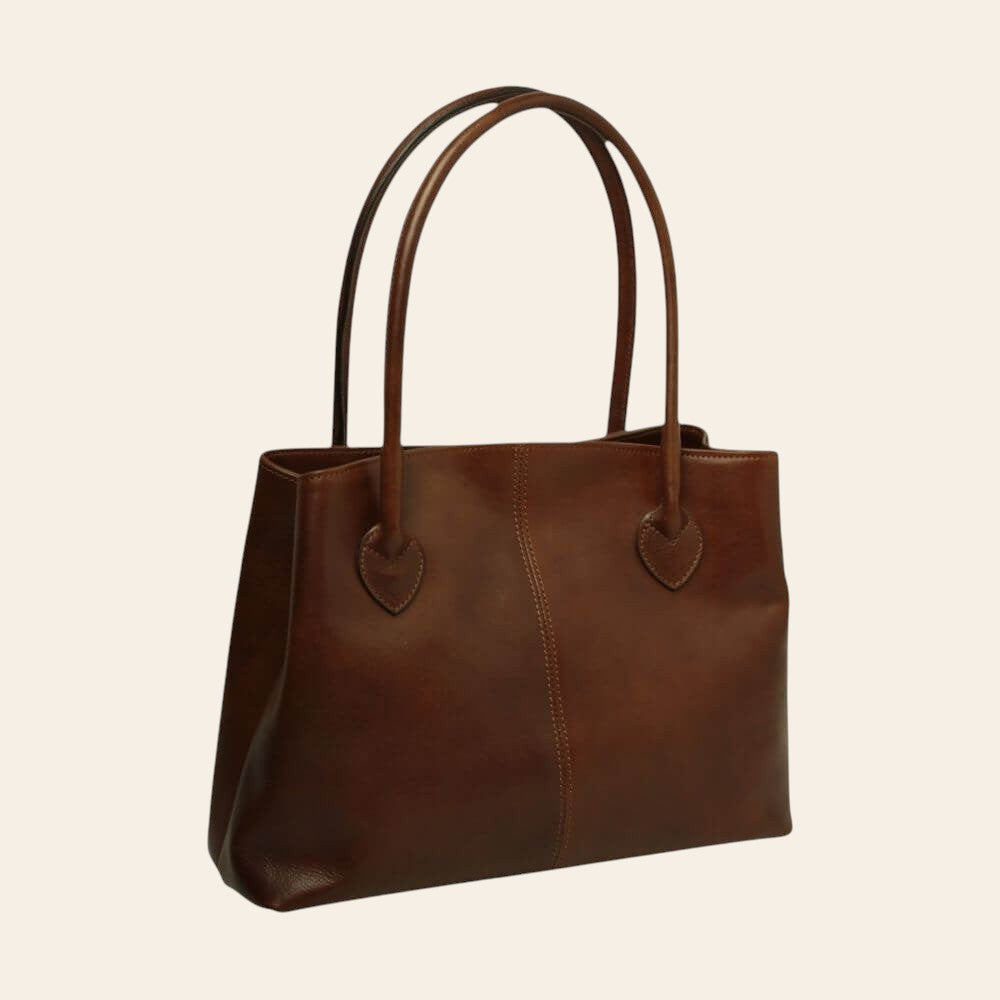 Borsa in pelle marrone a due manici con tasche laterali e cuciture decorative