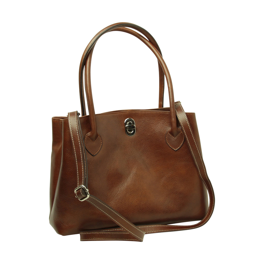BORSA DA DONNA A DUE MANICI  IN PELLE PIENO FIORE-MARRONE