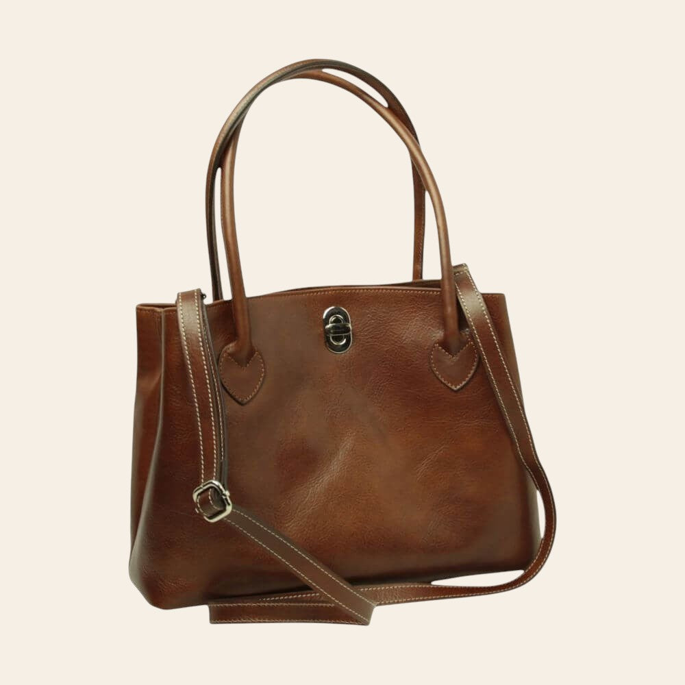 Borsa tote in pelle marrone con due manici e chiusura frontale a bottone