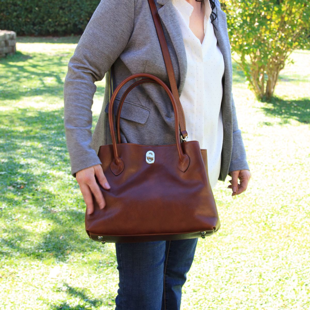 BORSA DA DONNA A DUE MANICI  IN PELLE PIENO FIORE-MARRONE