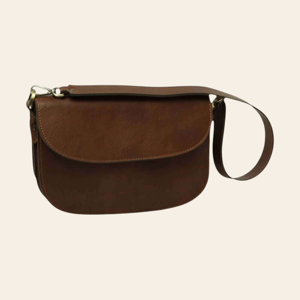 Borsa a tracolla in vitello pieno fiore color castagna, pattina frontale e tracolla