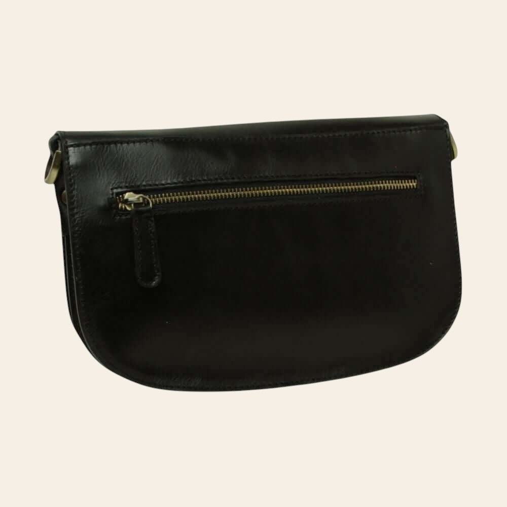 Borsa a tracolla in pelle nera con tasca frontale e zip dorata