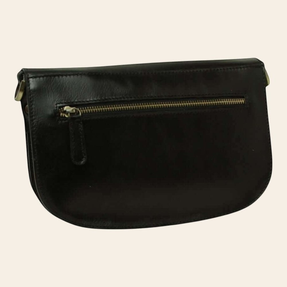 Borsa a tracolla in pelle nera con tasca frontale e zip dorata