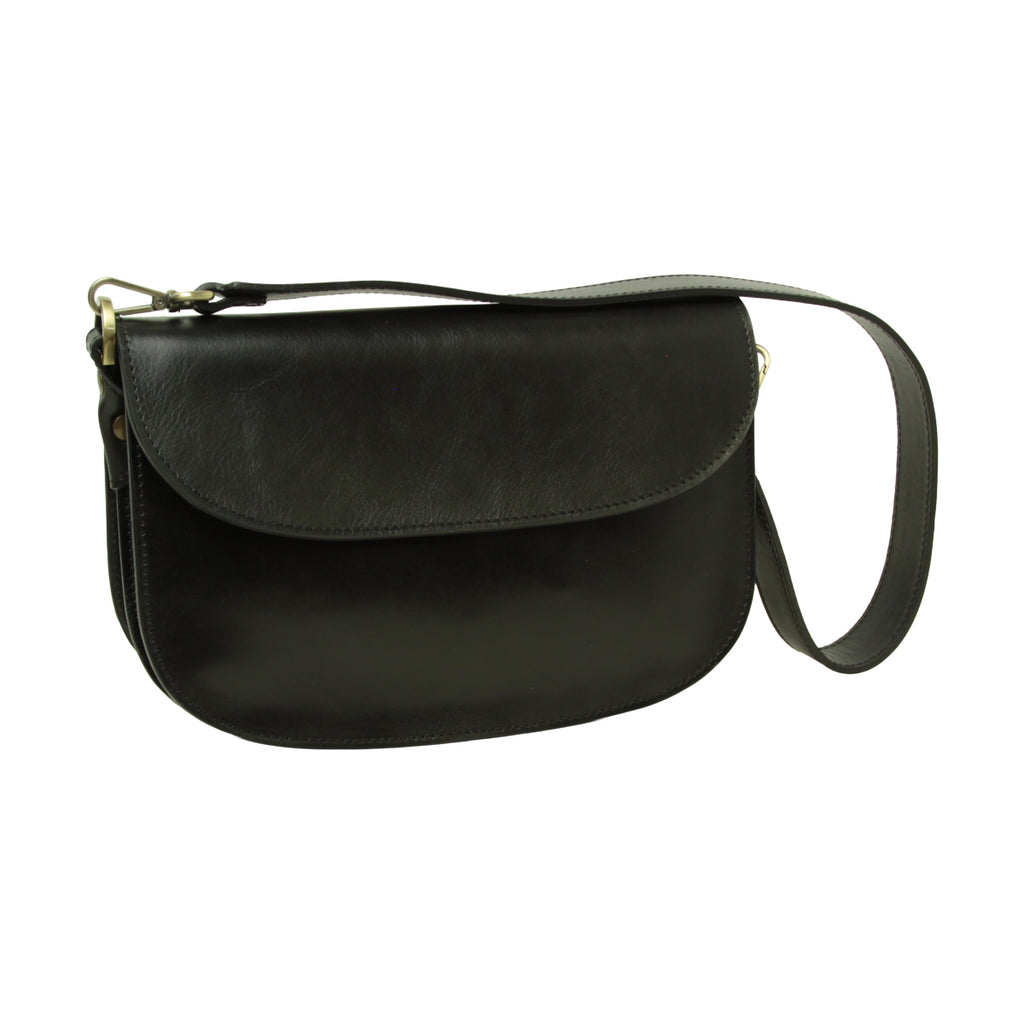 Borsa a tracolla due fianchi in vitello pieno fiore-Nero
