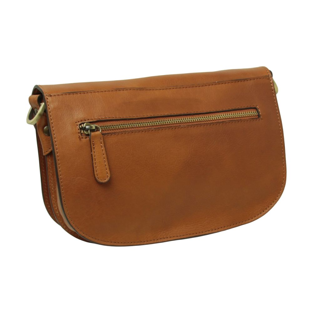 Bolso bandolera de piel de becerro plena flor marrón colonial con solapa y bolsillo frontal con cremallera