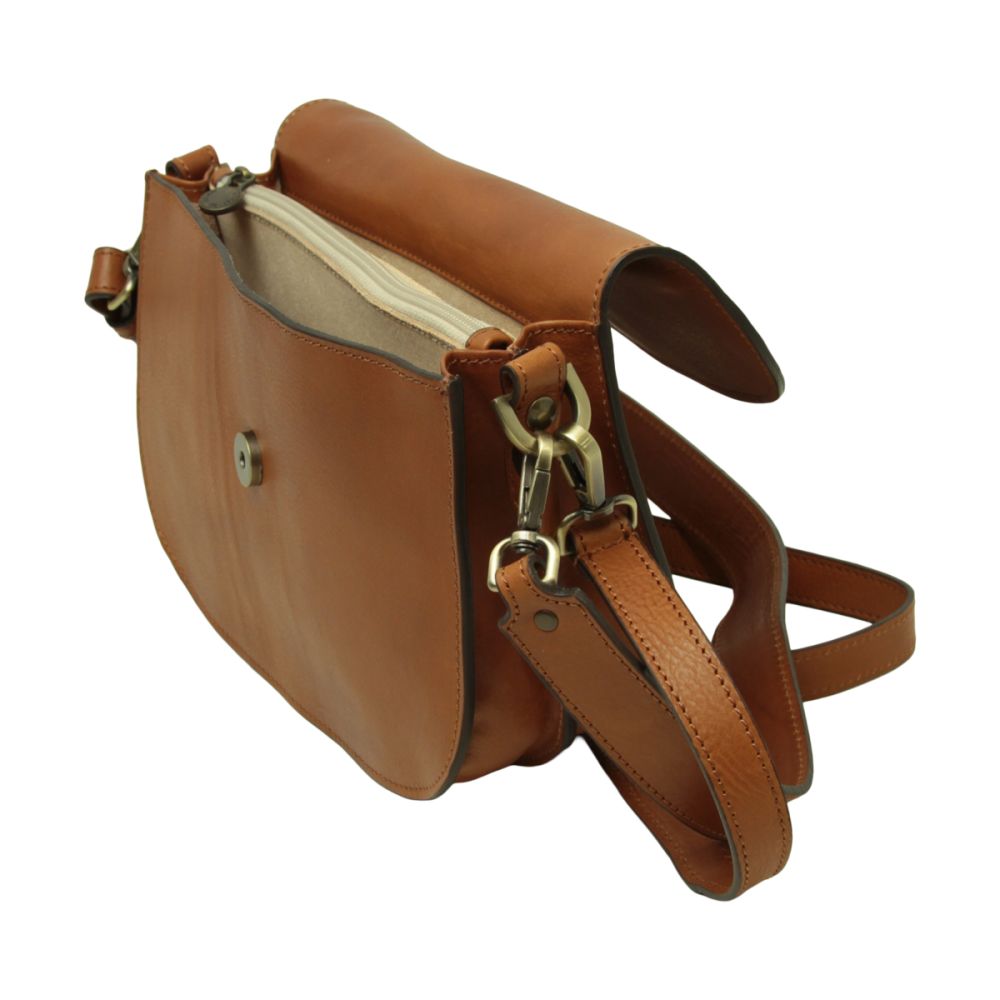 Bolso bandolera de piel de becerro plena flor marrón colonial vista lateral con el interior claro y la cremallera visibles