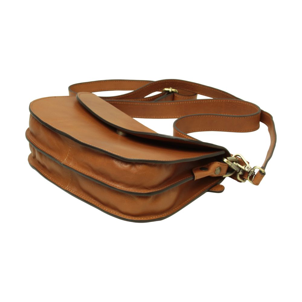 Bolso bandolera de piel de becerro plena flor marrón colonial con bolsillo delantero y bandolera regulable