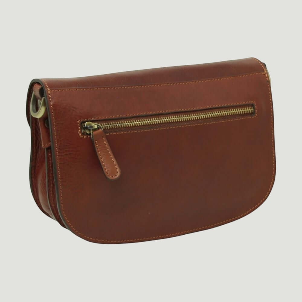 Borsa a tracolla in pelle mogano con zip frontale e tirante, finiture dorate