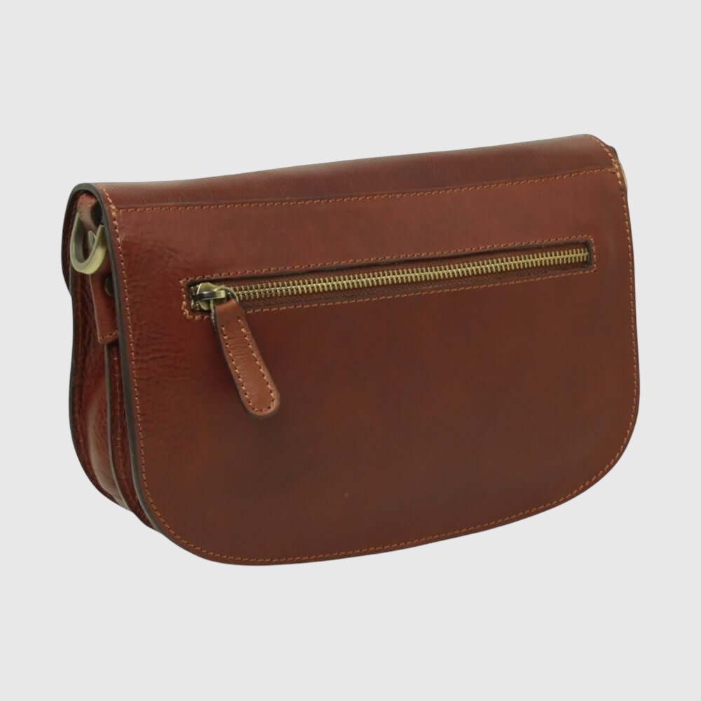 Borsa a tracolla in pelle mogano con zip frontale e tirante, finiture dorate