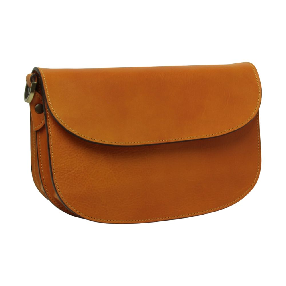 Borsa a tracolla in pelle di vitello pieno fiore ocra con pattina arrotondata e bordi cuciti
