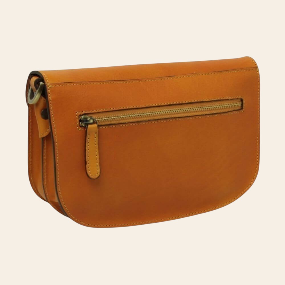 Borsa a tracolla giallo ocra con tasca frontale con zip e patta superiore