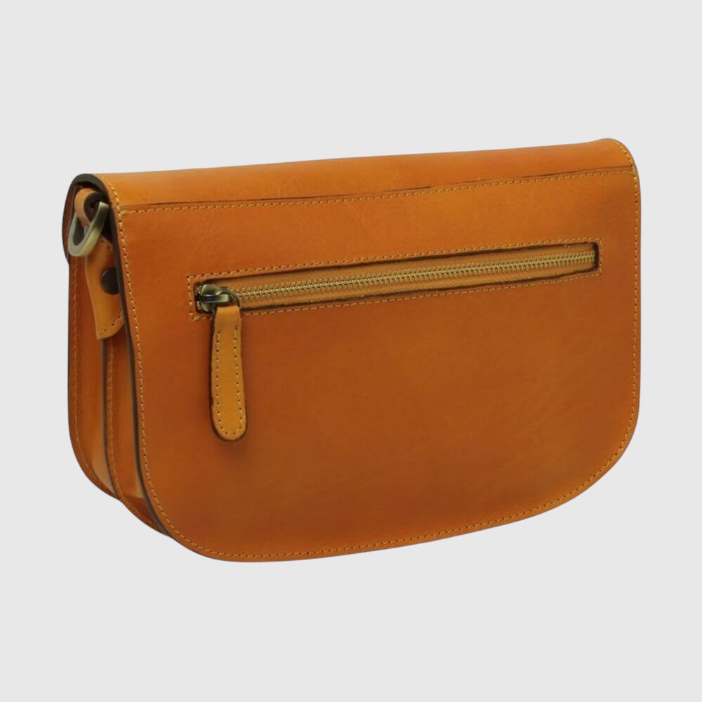 Borsa a tracolla giallo ocra in pelle con tasca esterna e zip metallica