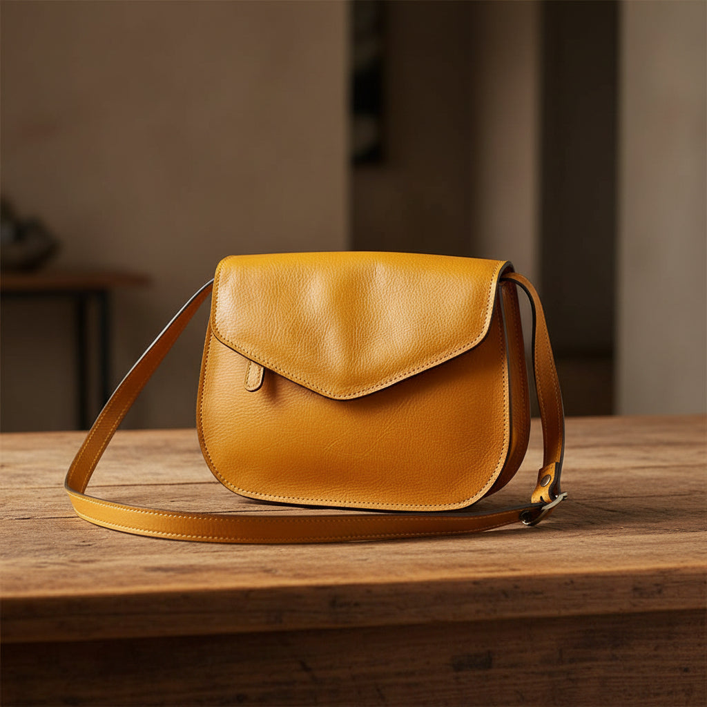 Borsa a tracolla ocra con patta e passante per tracolla, vista obliqua