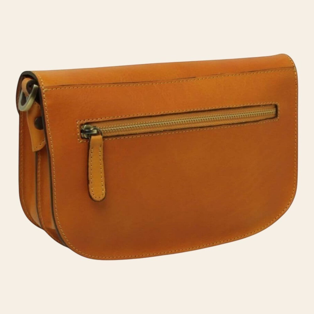 Borsa a tracolla giallo ocra con tasca frontale con zip e patta superiore