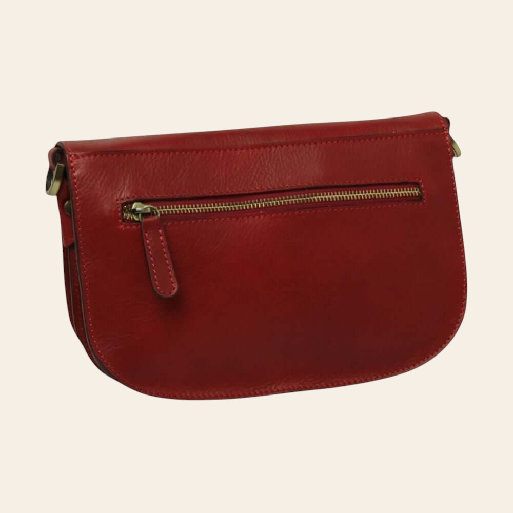 Borsa a tracolla rossa con zip frontale e linguetta in pelle sul davanti