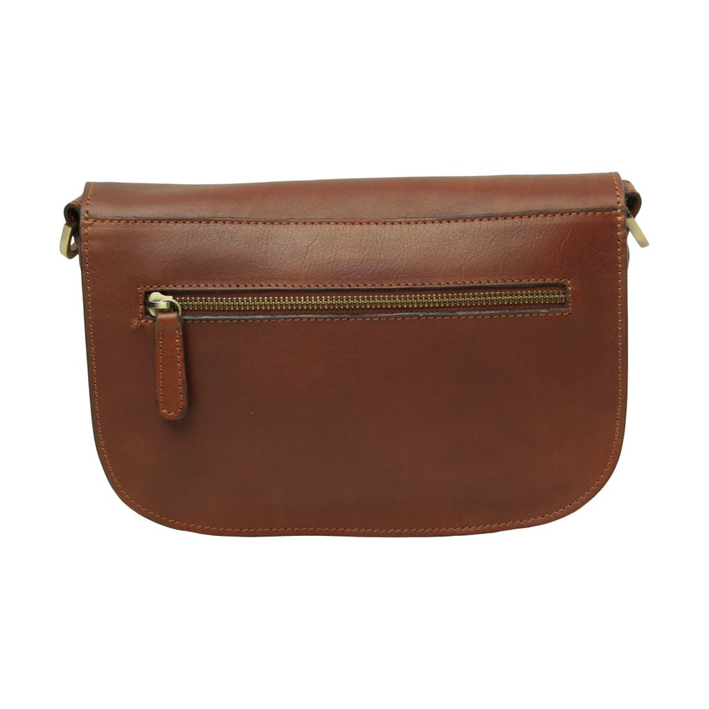 Borsa a tracolla due fianchi in vitello pieno fiore-Teak
