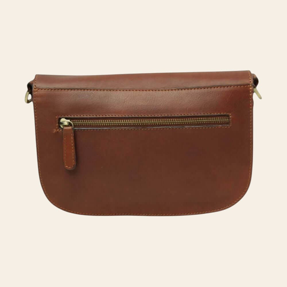 Borsa a tracolla in vitello teak con zip frontale e passante per tracolla