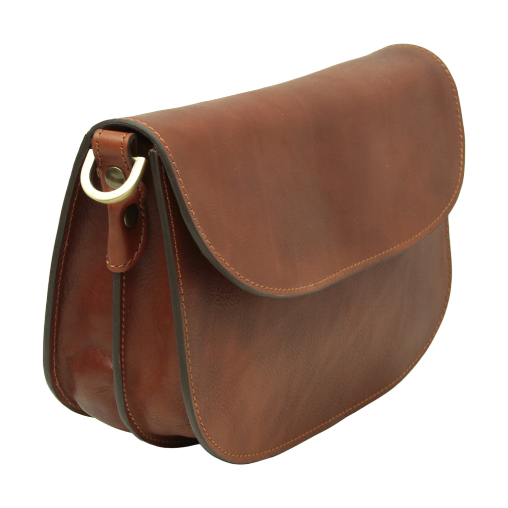 Borsa a tracolla due fianchi in vitello pieno fiore-Teak