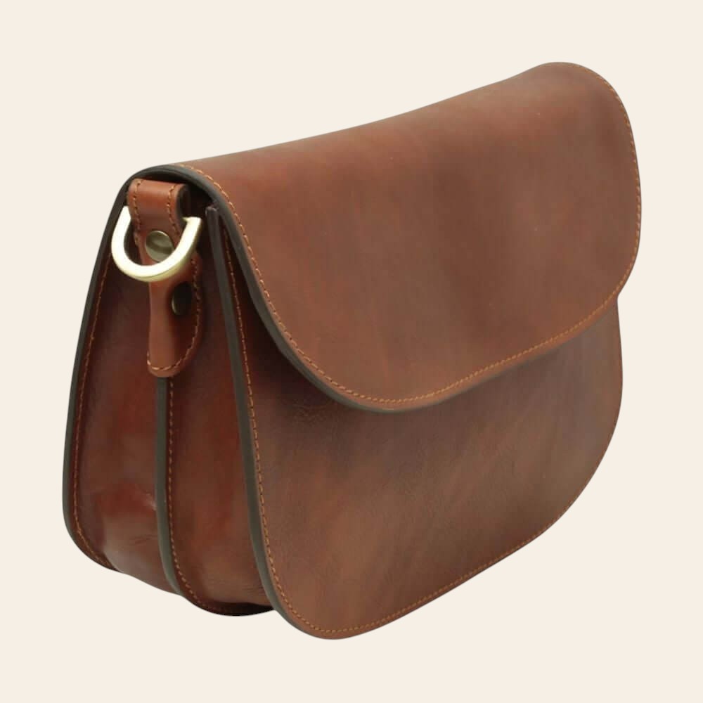 Borsa a tracolla in vitello teak con fibbia ad anello e bordo doppio