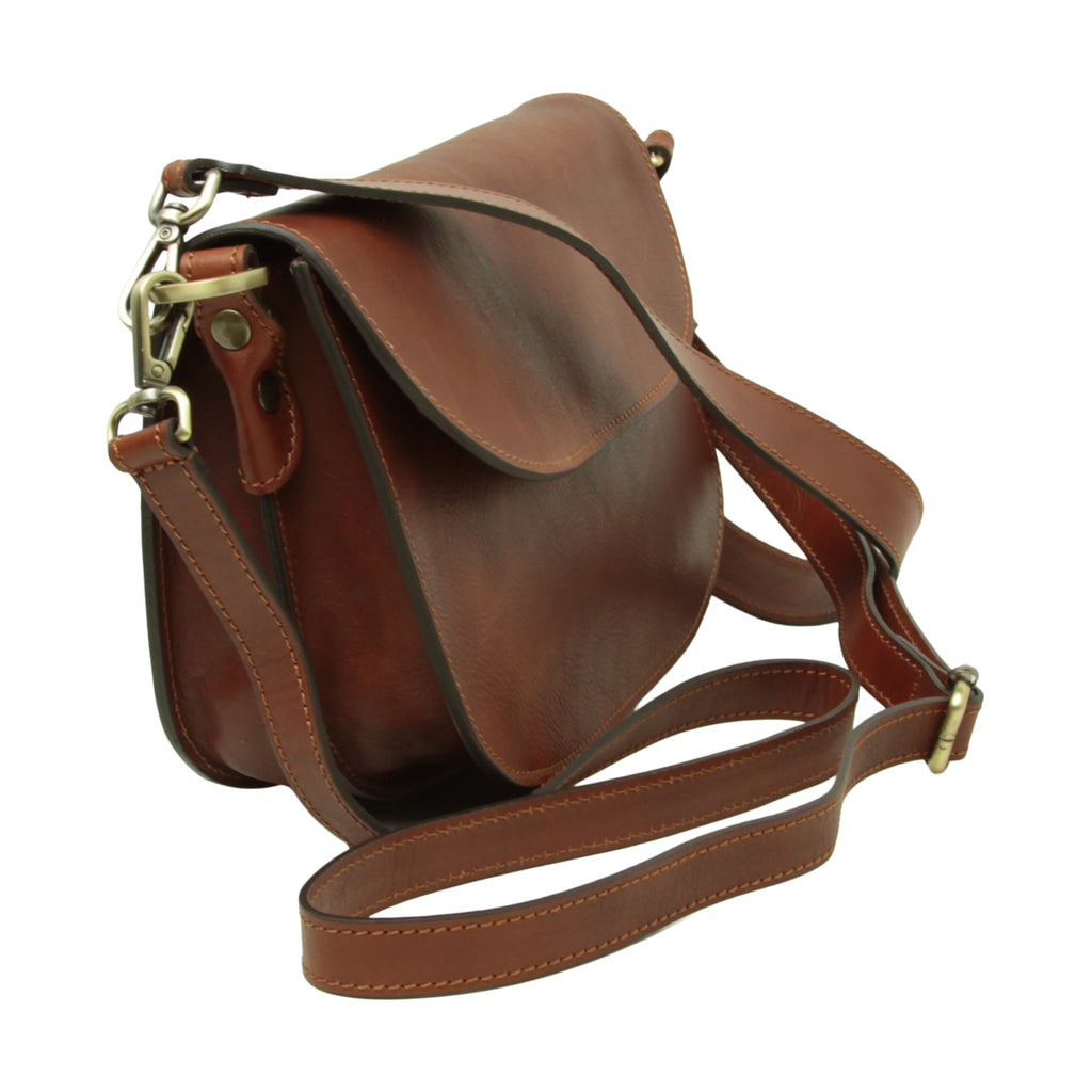 Borsa a tracolla due fianchi in vitello pieno fiore-Teak