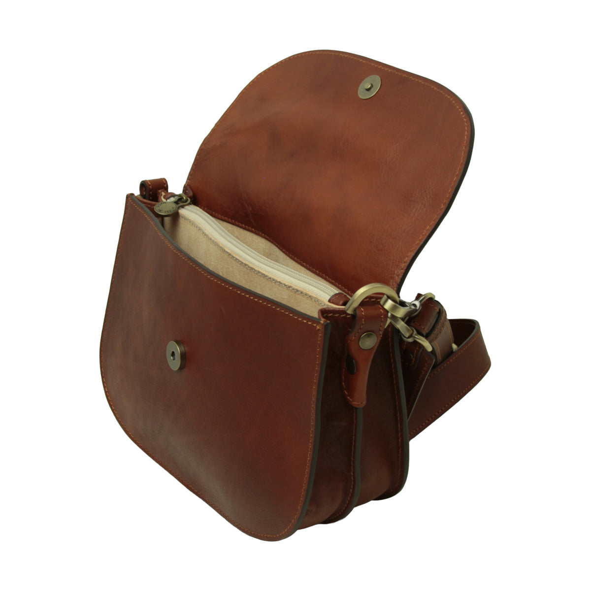 Borsa a tracolla due fianchi in vitello pieno fiore-Teak