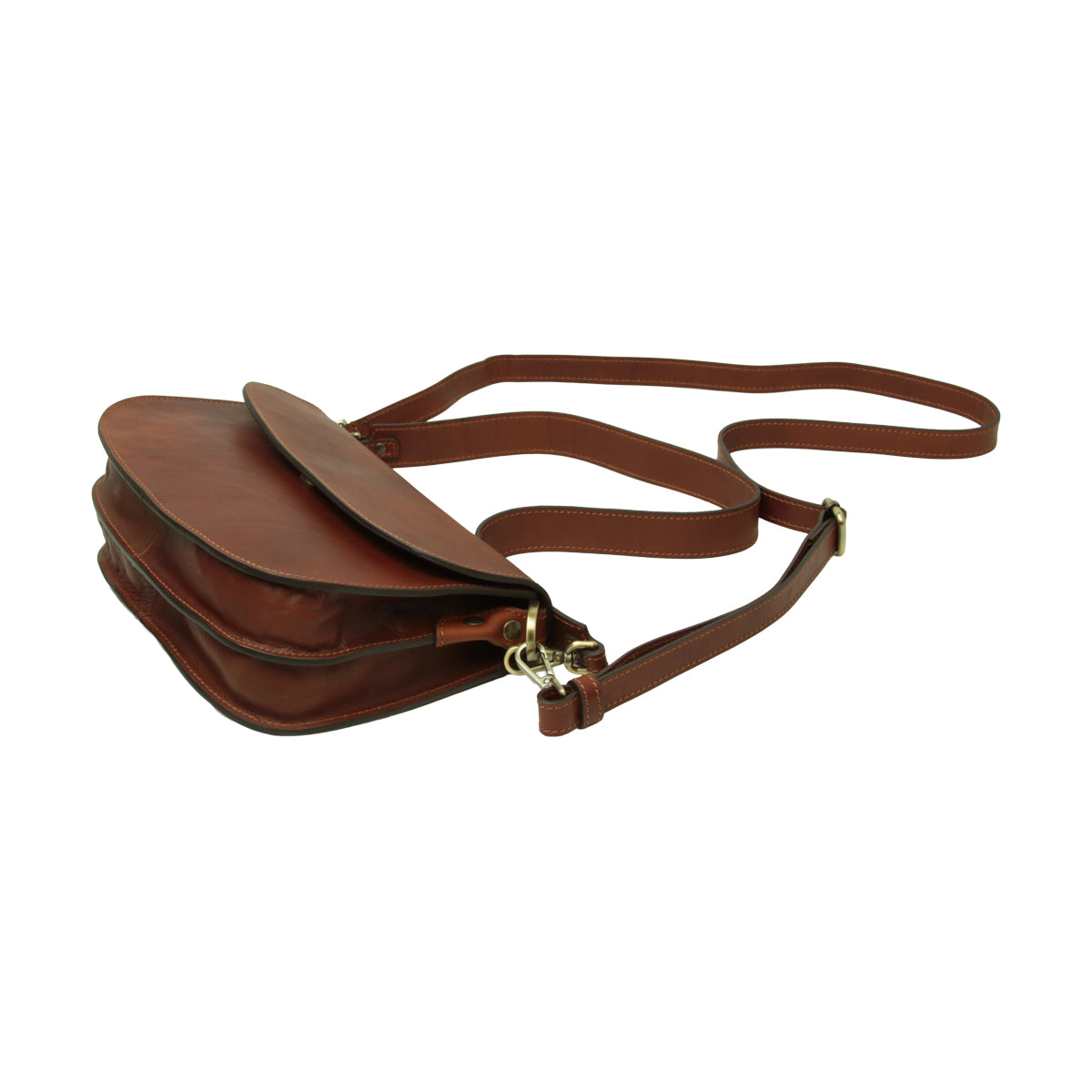 Borsa a tracolla due fianchi in vitello pieno fiore-Teak