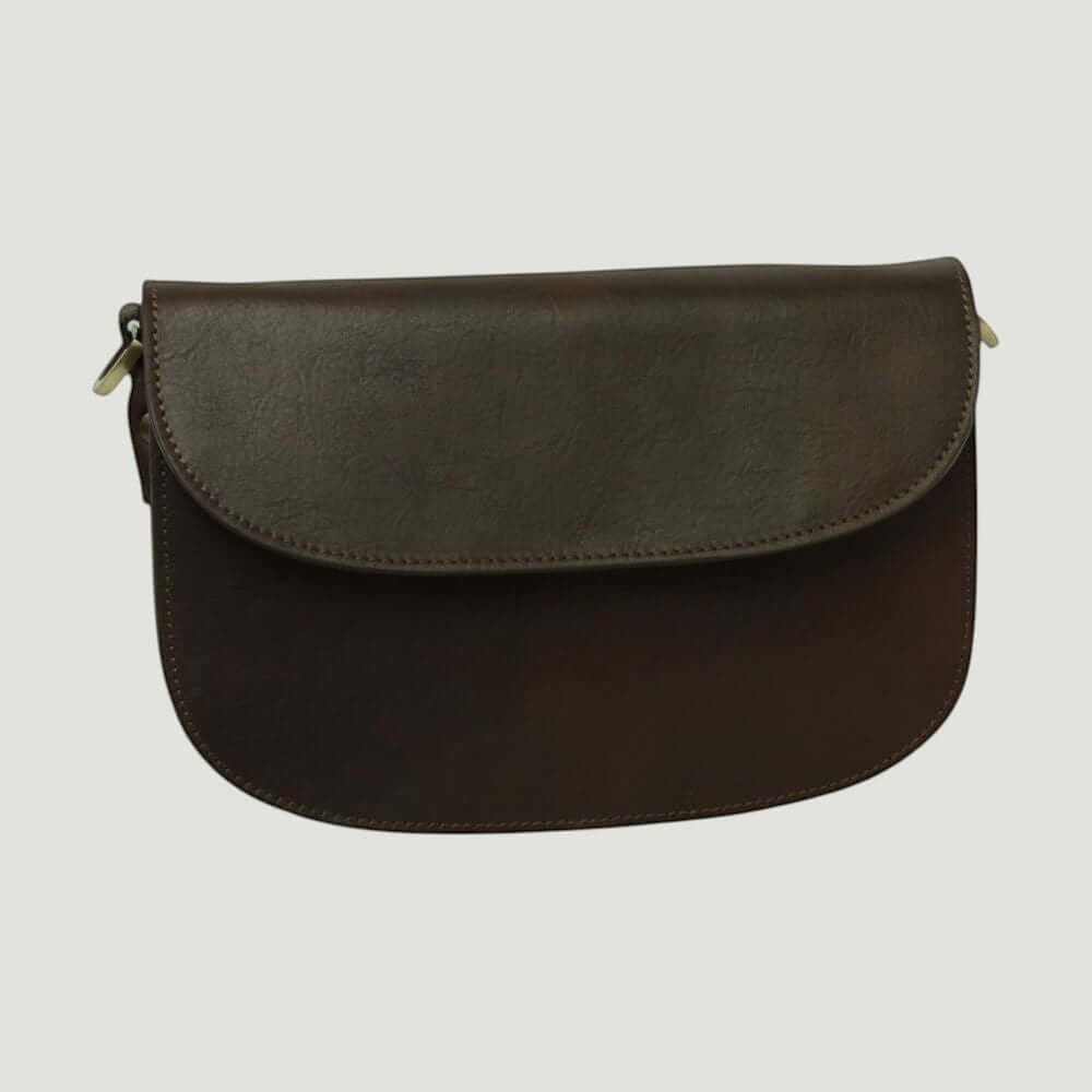 Borsa a tracolla in vitello marrone scuro con patta semicircolare