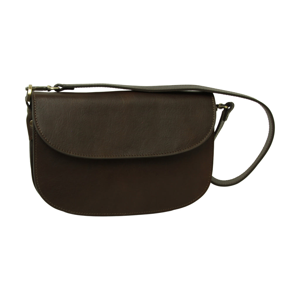 Borsa a tracolla due fianchi in vitello pieno fiore-Marrone Scuro