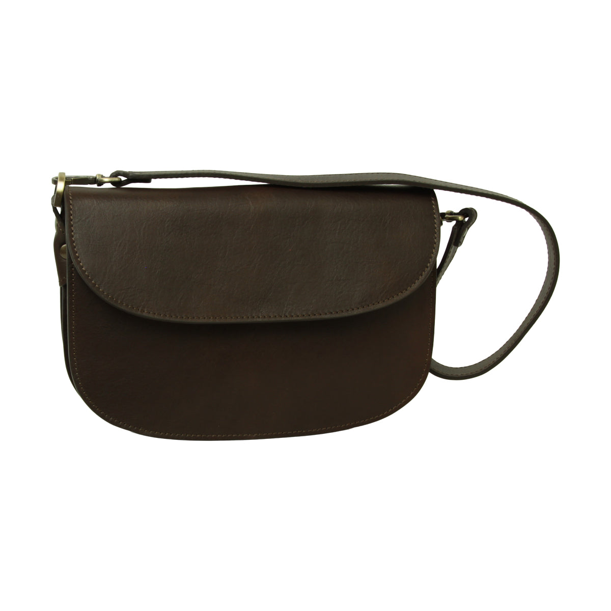 Borsa a tracolla due fianchi in vitello pieno fiore-Marrone Scuro