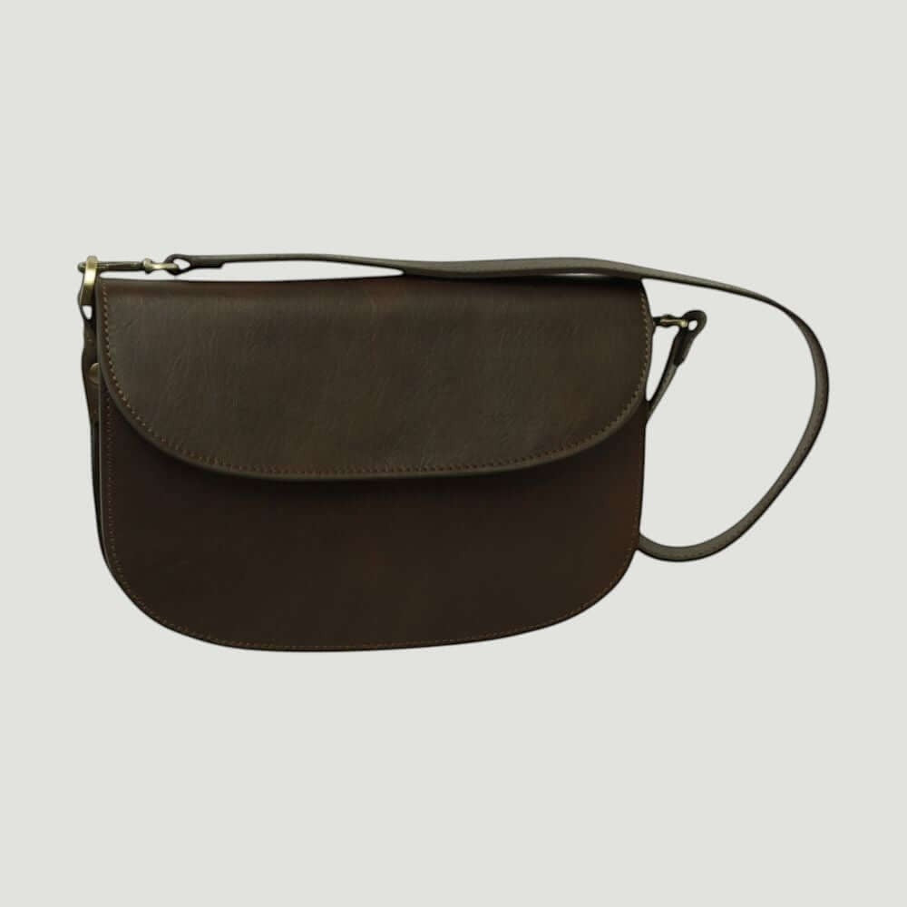 Borsa a tracolla in vitello marrone scuro con chiusura e tracolla