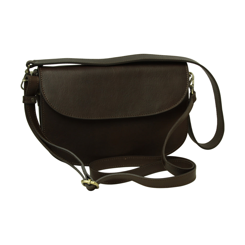 Borsa a tracolla due fianchi in vitello pieno fiore-Marrone Scuro