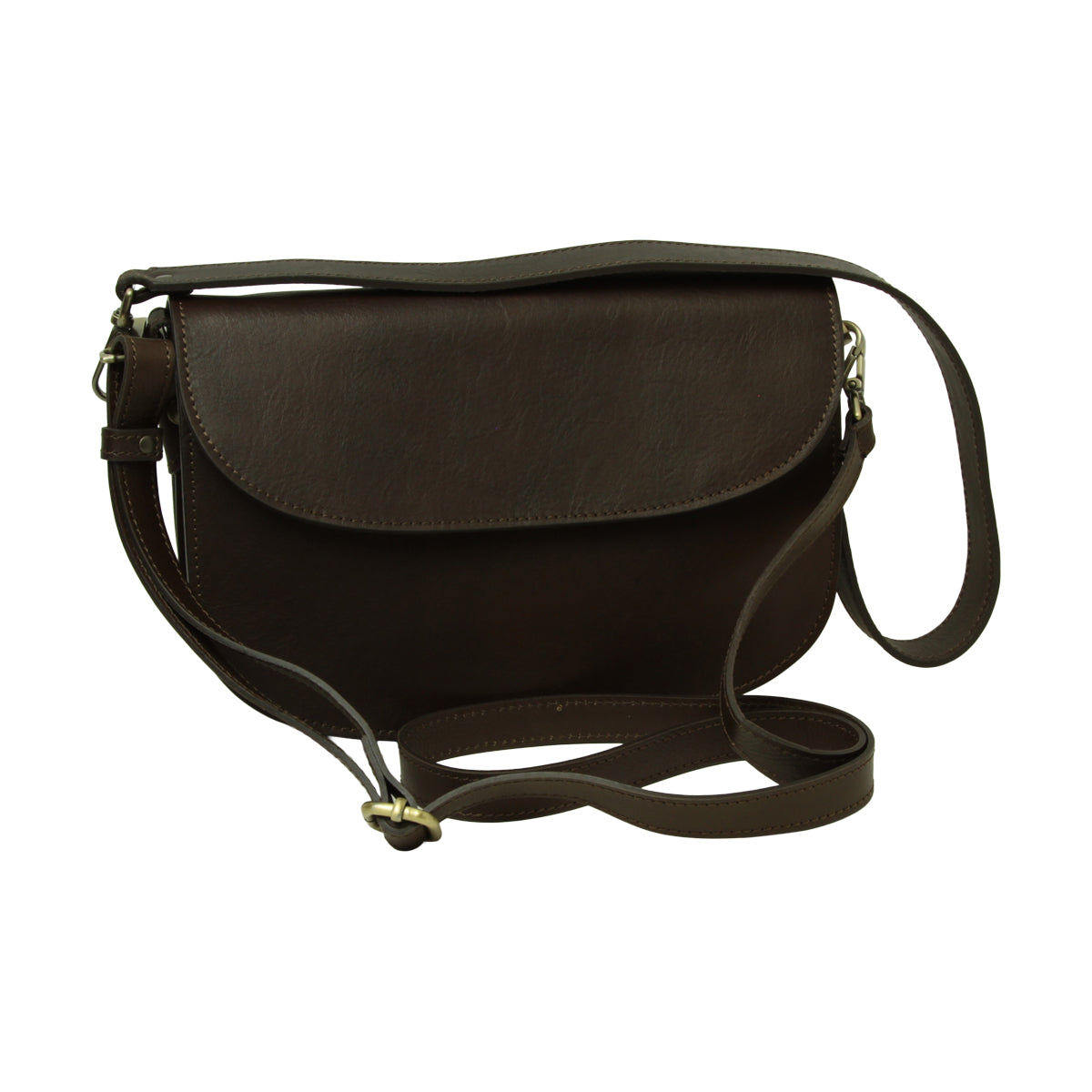 Borsa a tracolla due fianchi in vitello pieno fiore-Marrone Scuro