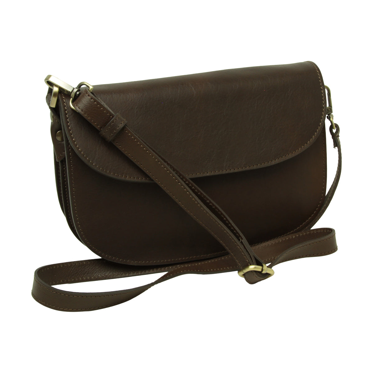 Borsa a tracolla due fianchi in vitello pieno fiore-Marrone Scuro