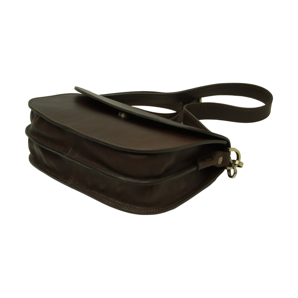 Borsa a tracolla due fianchi in vitello pieno fiore-Marrone Scuro