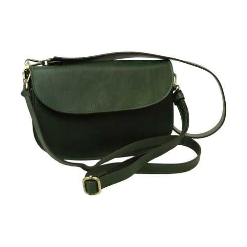 Borsa tracolla in pelle verde con patta frontale e tracolla regolabile, fibbie dorate.
