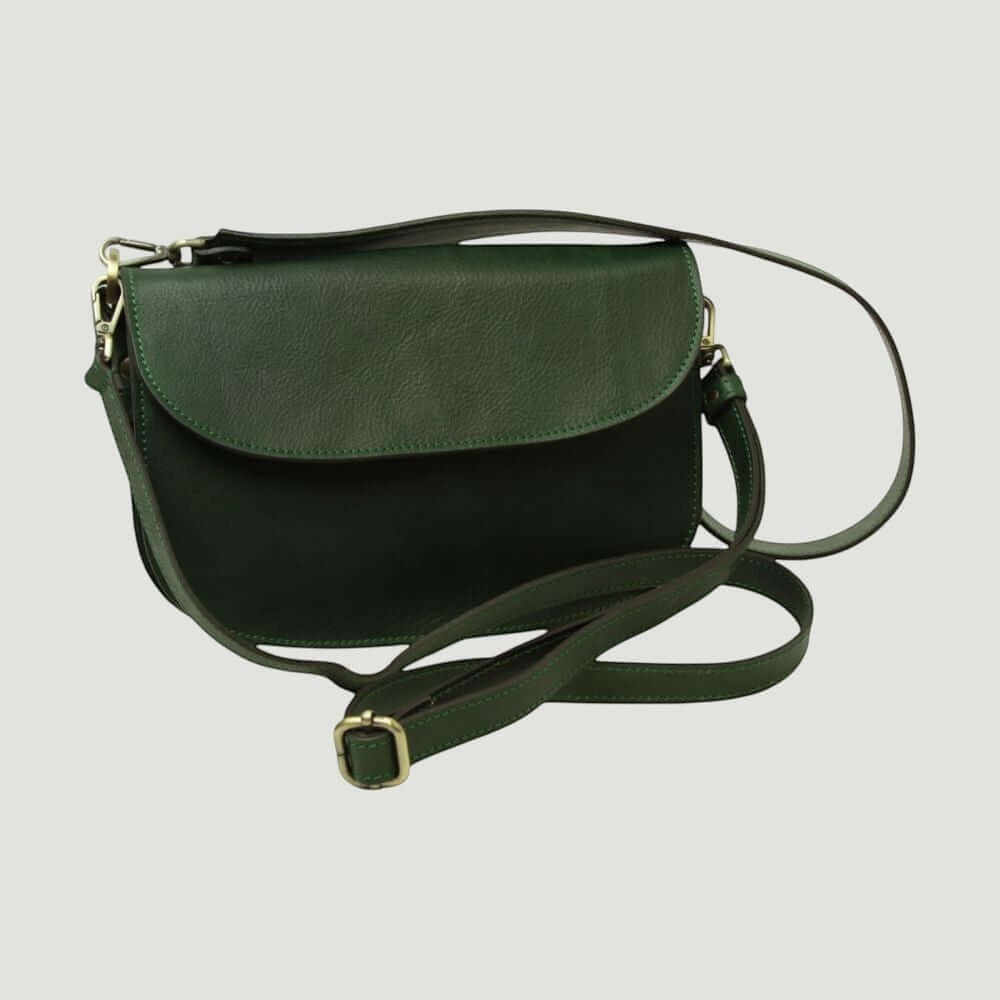 Borsa a tracolla verde scuro con patta e tracolla doppia con fibbia