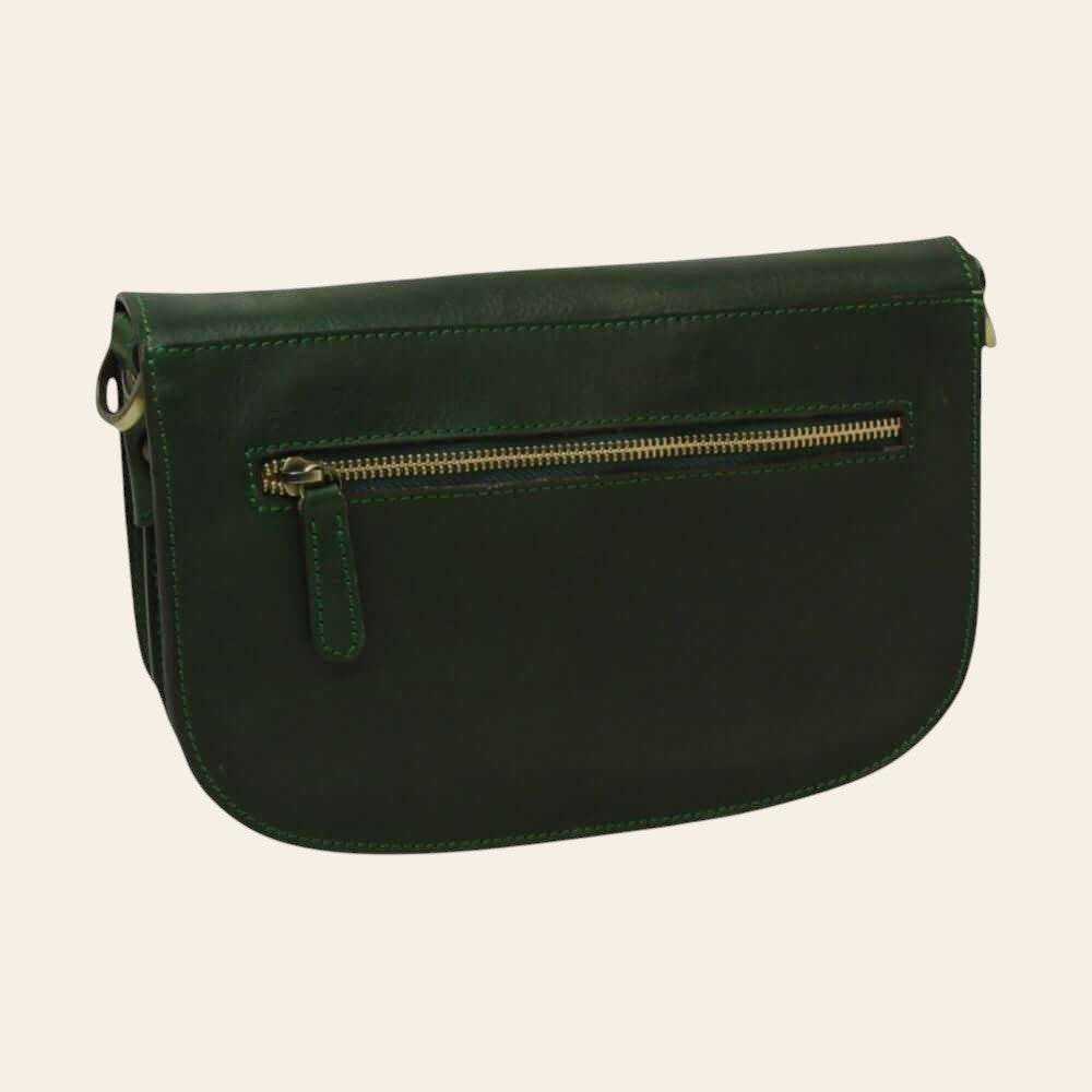 Borsa a tracolla verde in vitello pieno fiore con zip frontale e tasca semicircolare