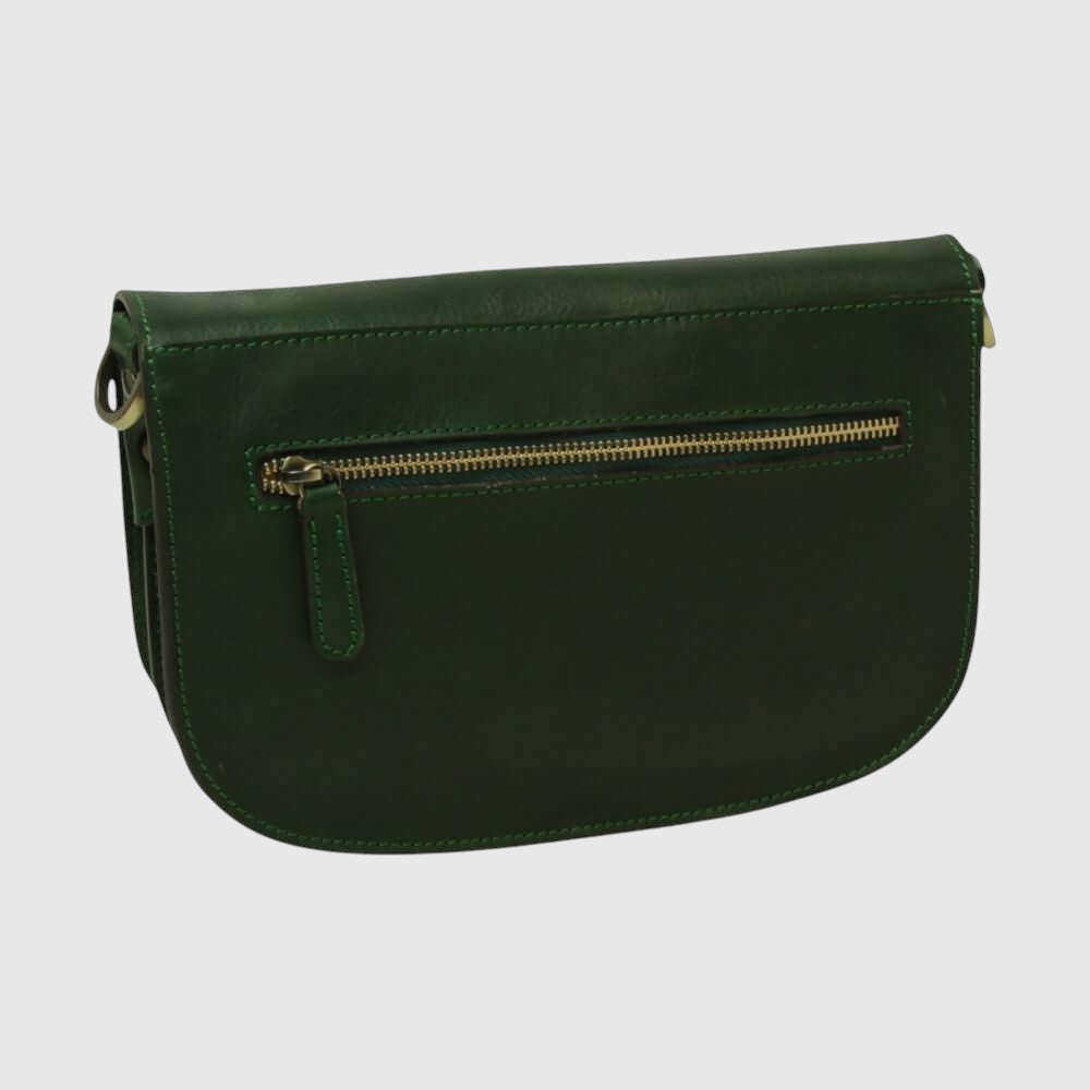 Borsa a tracolla verde scuro con tasca frontale con zip e dettaglio in pelle