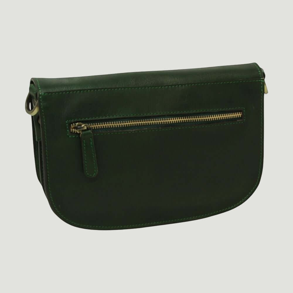 Borsa a tracolla verde scuro con tasca frontale con zip e dettaglio in pelle