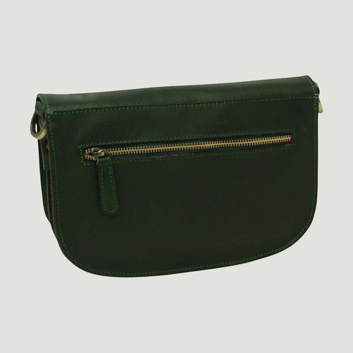 Borsa a tracolla verde scuro con tasca frontale con zip e dettaglio in pelle