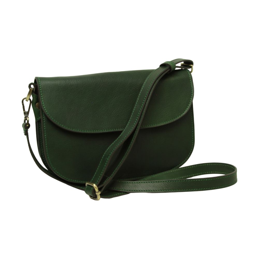Borsa tracolla in pelle verde con patta frontale e tracolla regolabile, accessori dorati.