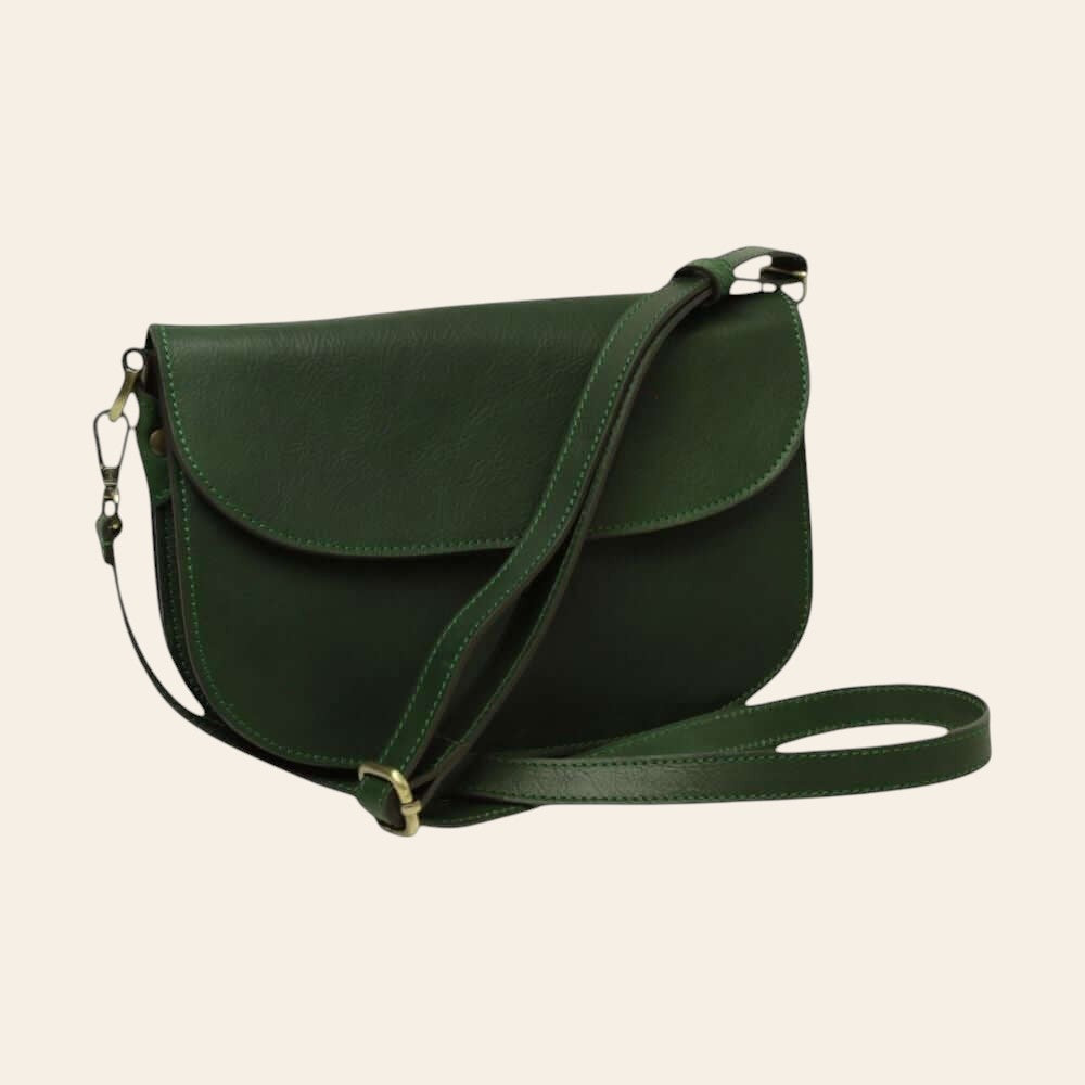Borsa a tracolla in vitello pieno fiore verde, patta frontale e tracolla regolabile