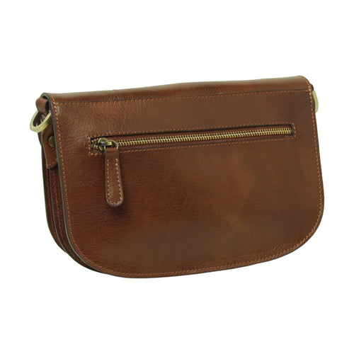 Borsa tracolla marrone con zip frontale e coulisse laterali in metallo