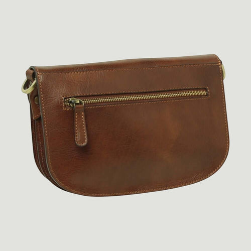 Borsa a tracolla marrone con tasca con zip frontale e maniglia laterale in pelle