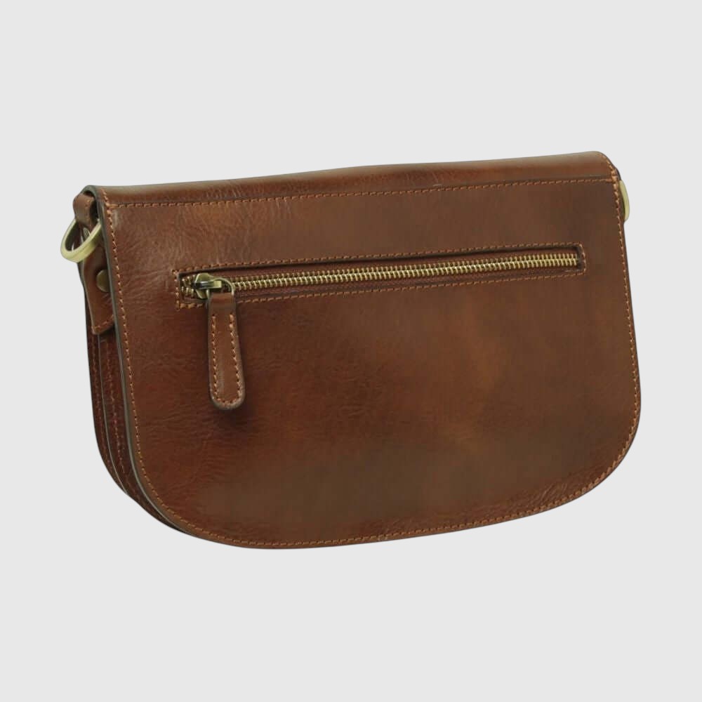 Borsa a tracolla marrone con tasca con zip frontale e maniglia laterale in pelle