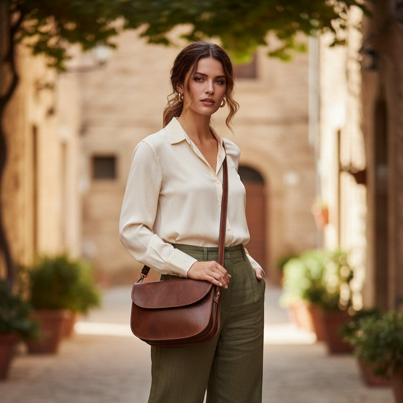 Borsa a Tracolla Artigianale in Vitello Pieno Fiore Marrone - Old Angler